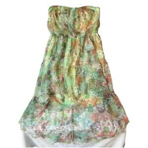 City Studio Women Dress M Green Floral Strapless Fit & Flare Hi-Low Chiffon Knee